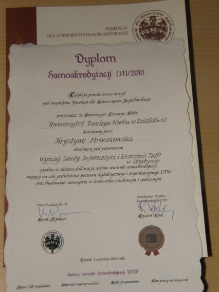 VII Miedzynarodowa Konferencja UTW w Gdasku - Honorowy Dyplom samoakredytacji przyznany przez Fundacje Uniwersytetu Jagiellonskiego